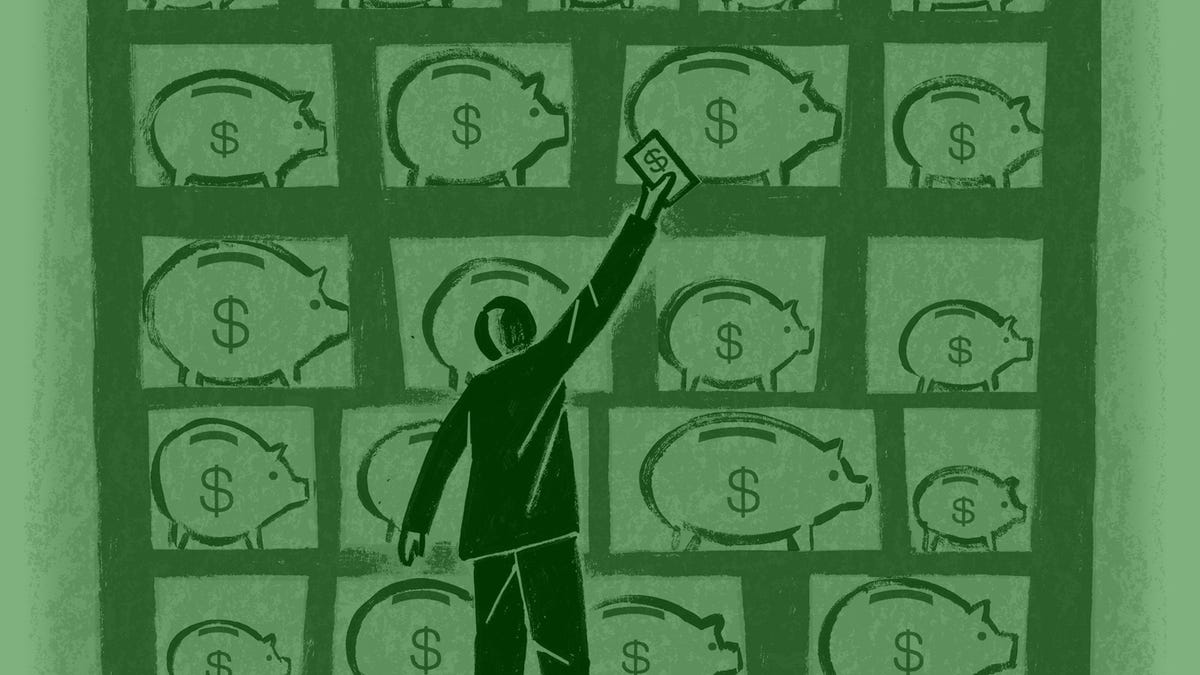 Illustration of a man putting money into several piggy banks for retirement.