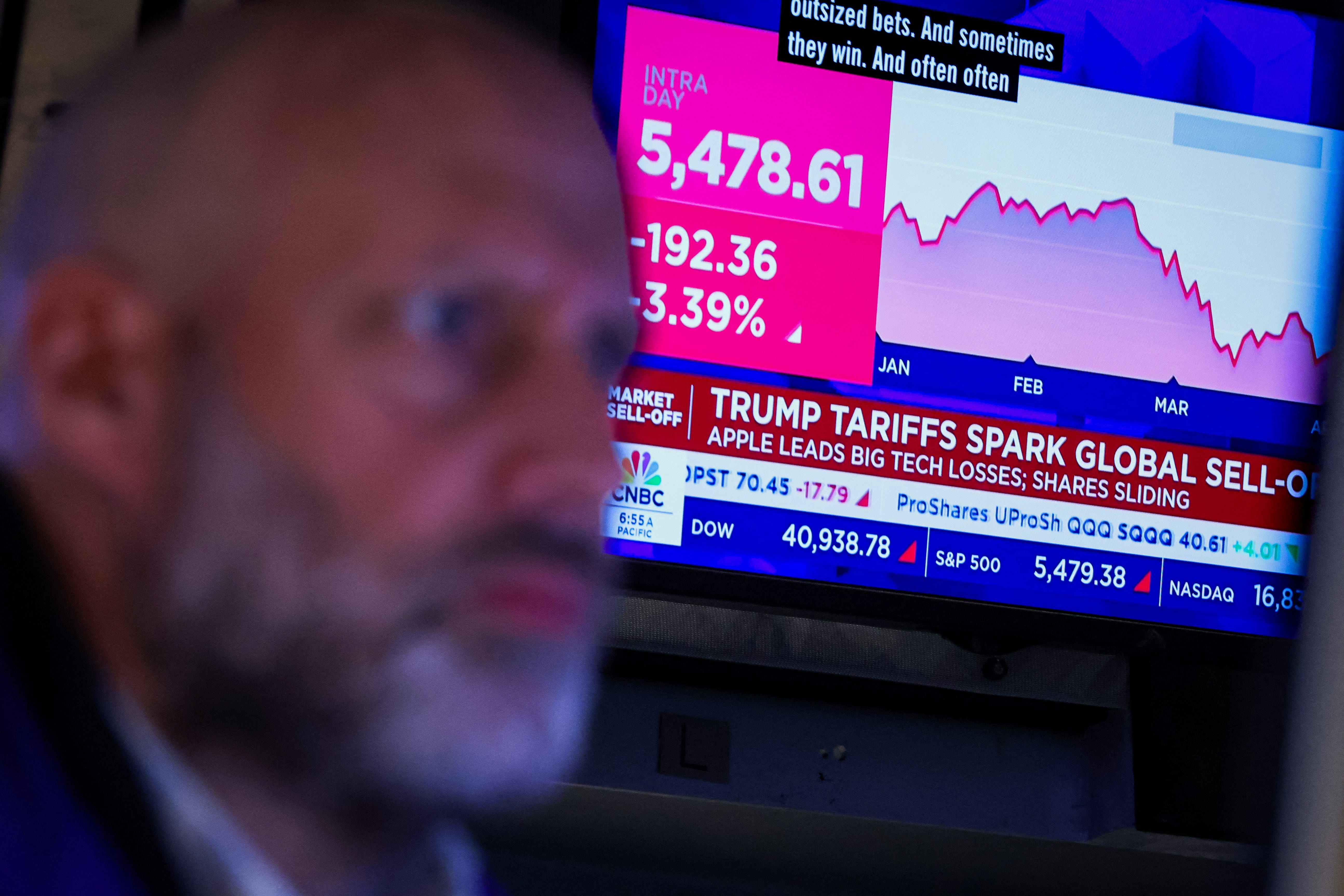 A specialist trader works at his post on the floor at the New York Stock Exchange (NYSE) in New York City on April 3, 2025.