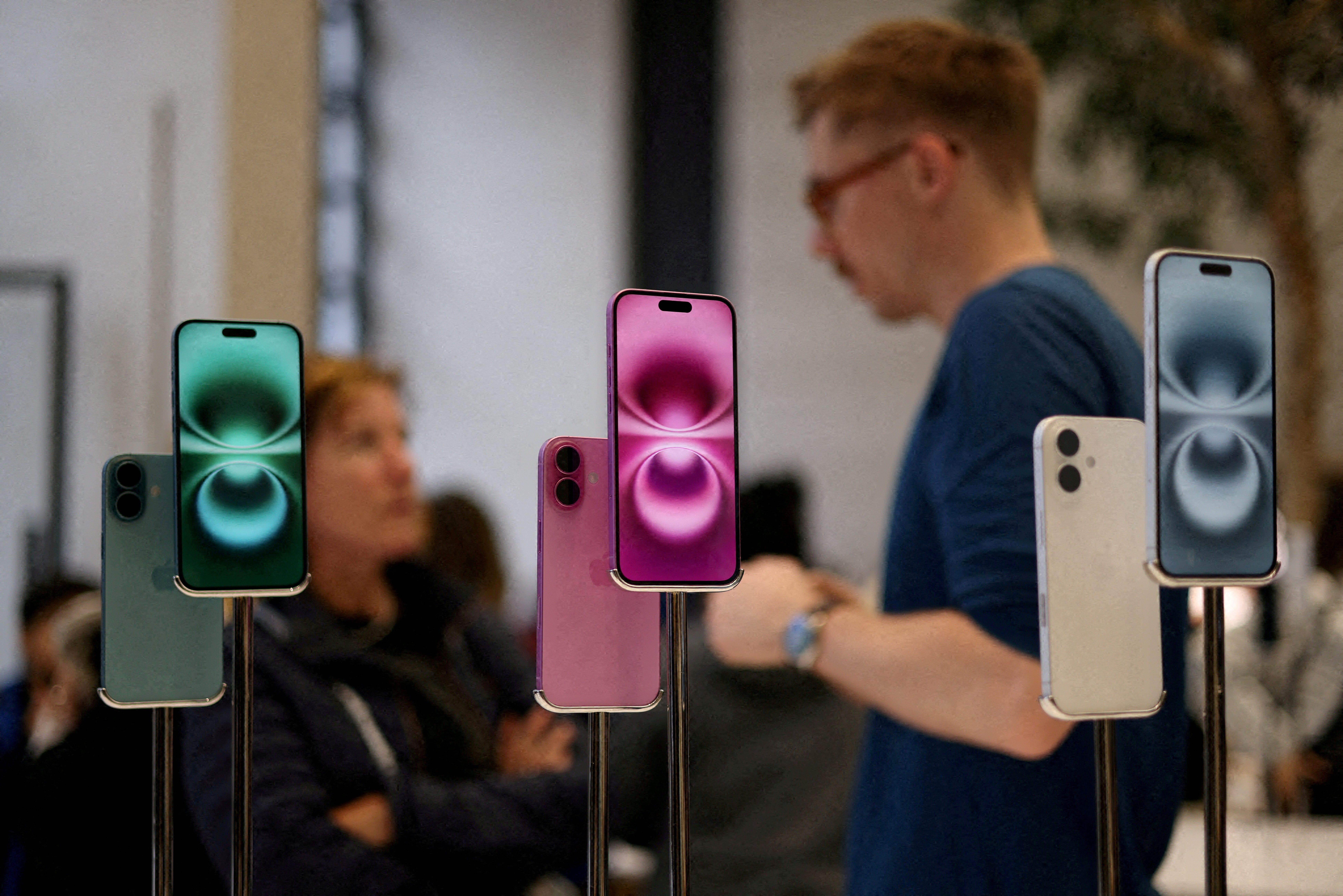 Apple iPhone 16 smartphones are displayed at a store in London, Britain, October 6, 2024.