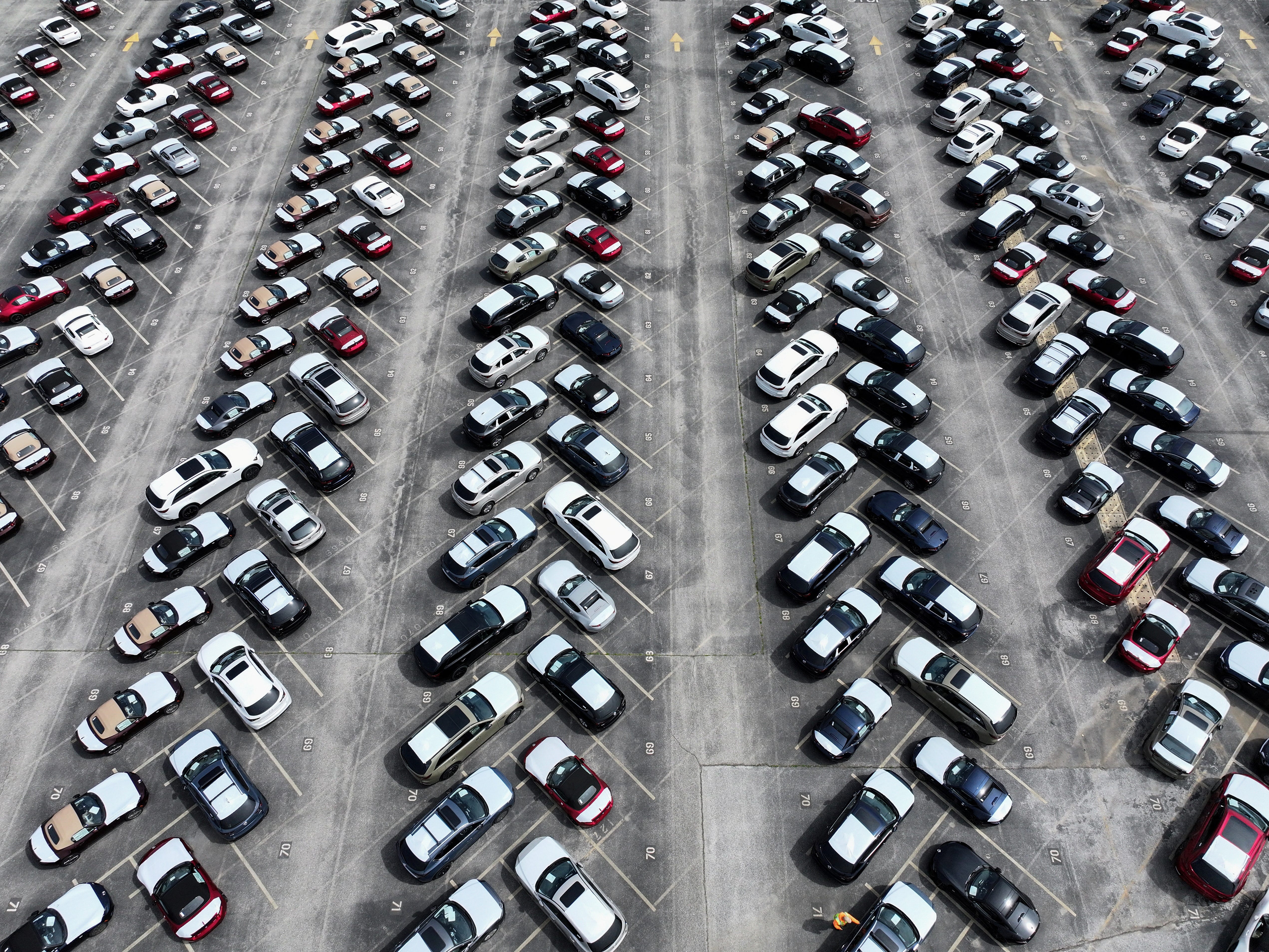 A drone view shows cars on the day U.S. President Donald Trump is set to announce new tariffs, at the Port of Baltimore, Maryland, U.S., April 2, 2025.