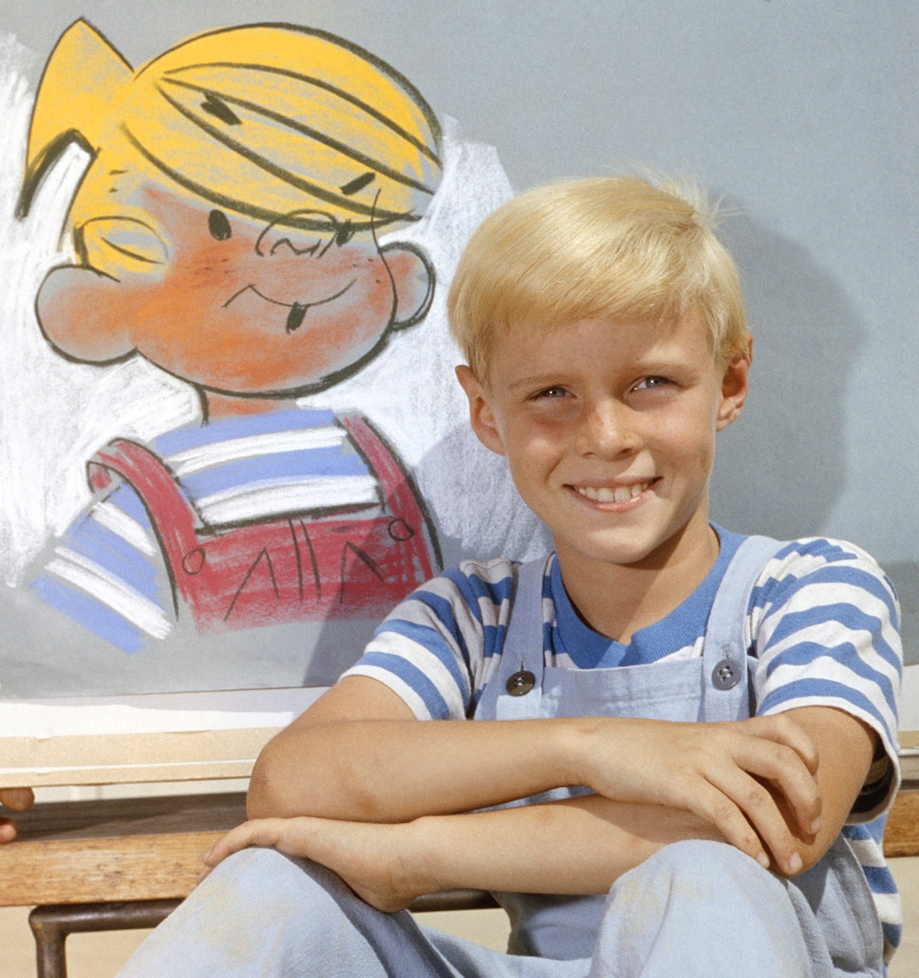Jay North with drawing by Hank Ketcham on set of Dennis the Menace, 1960.