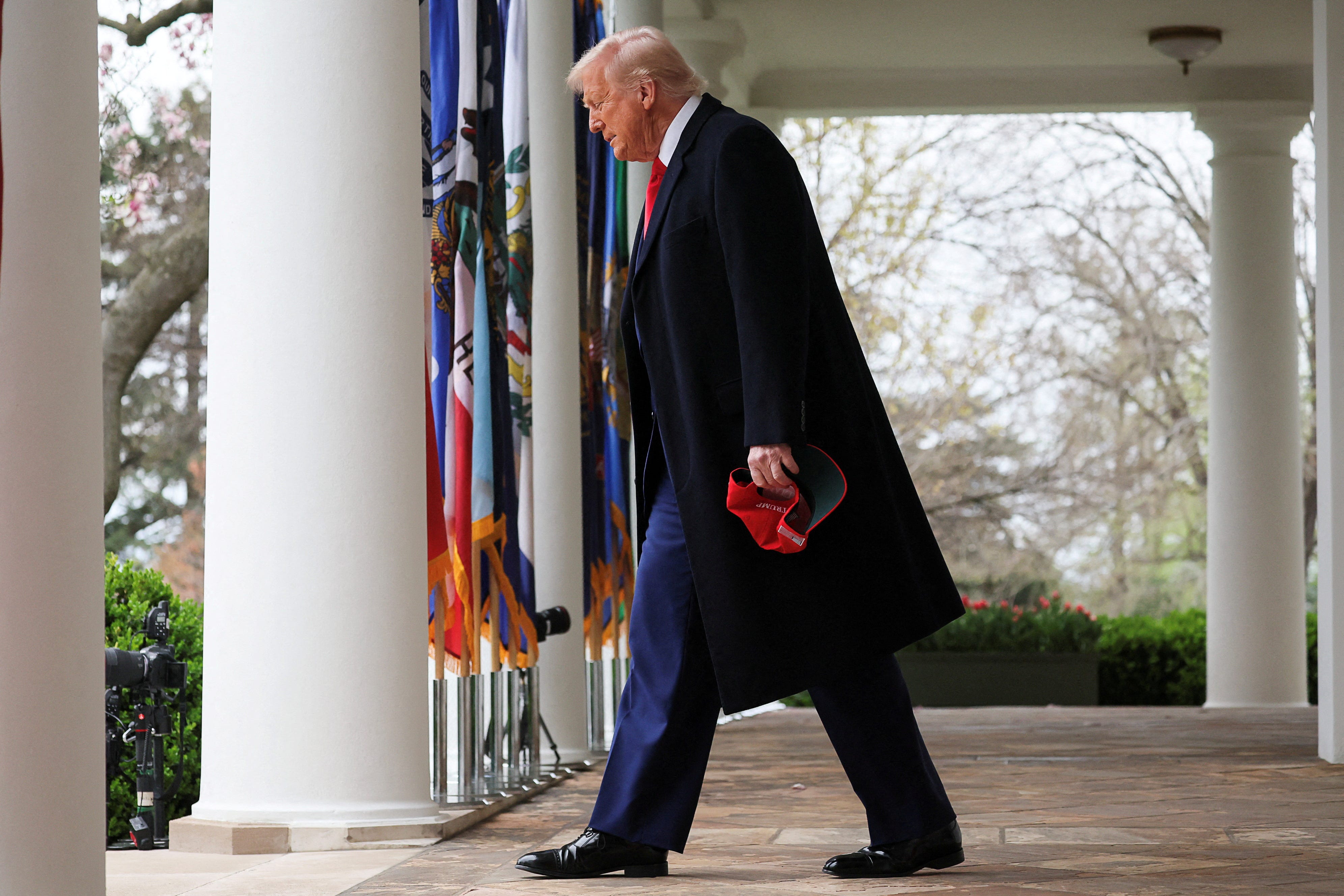 President Donald Trump walks to deliver remarks on tariffs in the Rose Garden at the White House on April 2, 2025.