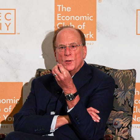 Larry Fink, Chairman and CEO of BlackRock, speaks at an Economic Club of New York event in New York City, U.S., April 7, 2025.