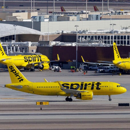 Spirit Airlines commercial airliners are shown at Las Vegas International Airport in Las Vegas, Nevada, U.S., February 8, 2024.