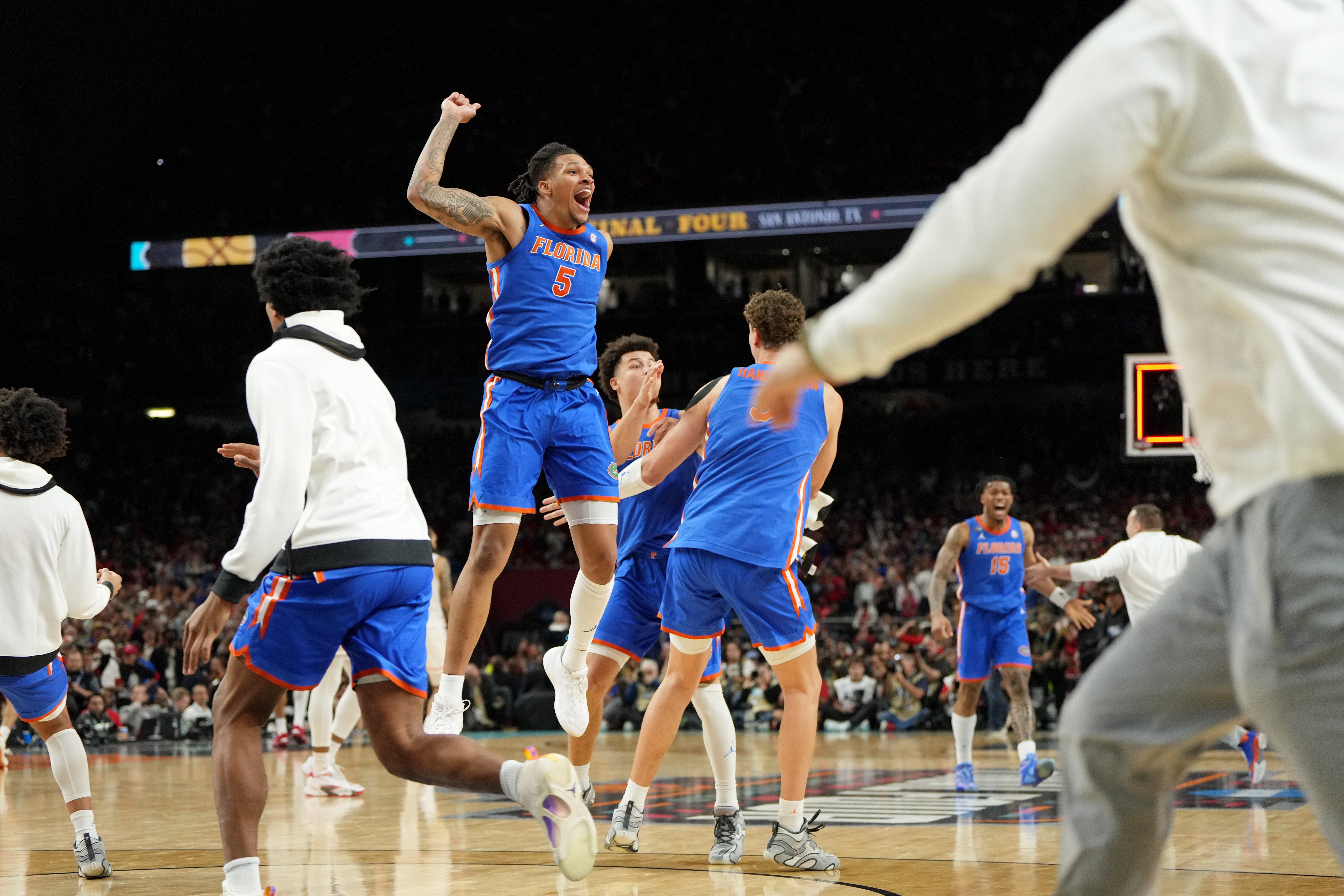 Florida guard Will Richard (5) celebrates after his team's defeat of Houston in the 2025 NCAA men's tournament national championship game at the Alamodome in San Antonio.