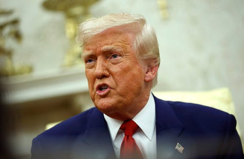 President Donald Trump answers a reporters question during a meeting with Israeli Prime Minister Benjamin in the Oval Office of the White House on April 7, 2025 in Washington, DC.
