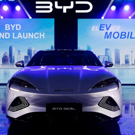 China's BYD Seal electric sedan is displayed during its launch ceremony in Jakarta, Indonesia, January 18, 2024.