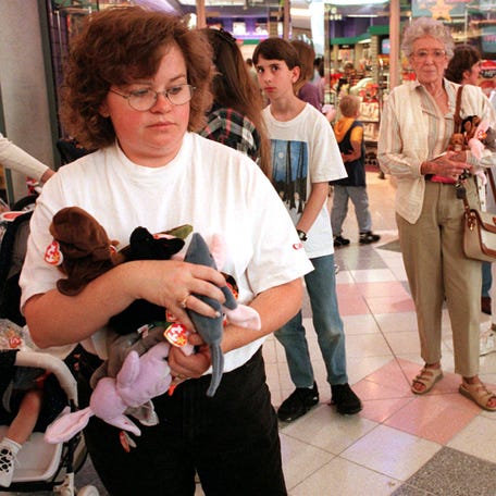 You still see them at yard sales and thrift stores, but in 1996 Beanie Babies were the item to get. People bought ten or more at a time and stores sold out in hours.