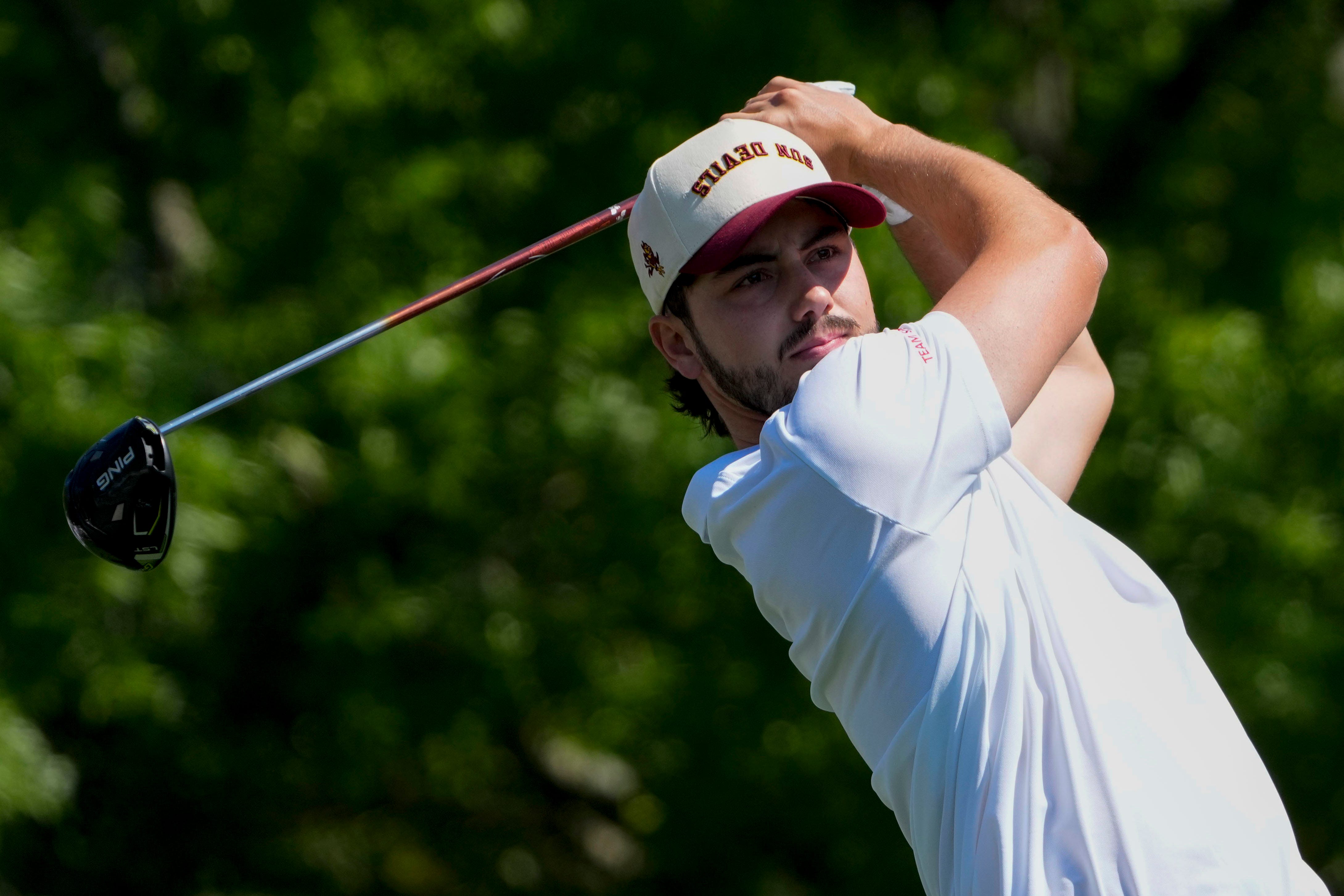 Jose Luis Ballester tees off on No. 5 during the first round of the Masters.