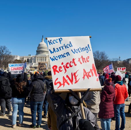 Protesters rally in front of the U.S. Capitol in Washington, DC, on Feb. 17, 2025.