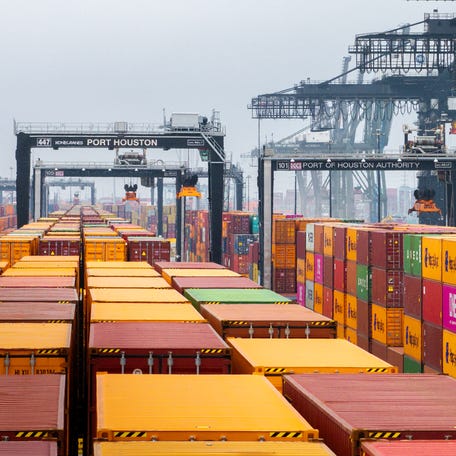 February was the third biggest for imports to the U.S., according to Census trade data. Shipping containers are organized at the Houston Port Authority on February 10, 2025 in Houston, Texas.