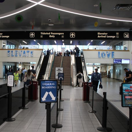 Travelers wind their way through security at the El Paso International Airport on Wednesday, April 16, 2025. Beginning May 7, all travelers will be required to present a REAL ID or REAL ID-compliant document to board domestic flights.