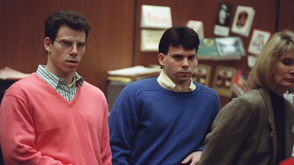 Erik Menendez and his brother Lyle Menendez listen during a pre-trial hearing on Dec. 29, 1992, in Los Angeles for the August 1989 shotgun deaths of their wealthy parents, Jose and Mary Louise "Kitty" Menendez.