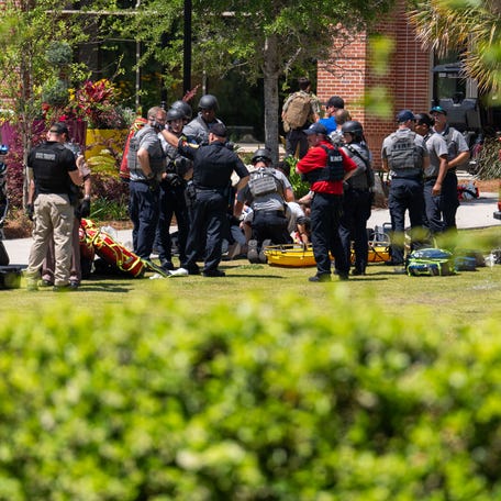 Law enforcement agencies are pictured at Florida State University after a shooting on April 17, 2025.