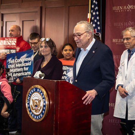 U.S. Senate Minority Leader Chuck Schumer stands with Medicaid recipients, healthcare workers, and caregivers at Helen Hayes Hospital in West Nyack Haverstraw, N.Y. April 17, 2025. Schumer spoke about how cuts to Medicaid will affect recipients as Republicans in Congress vote to enact cuts to the program as well as to other social safety net programs.