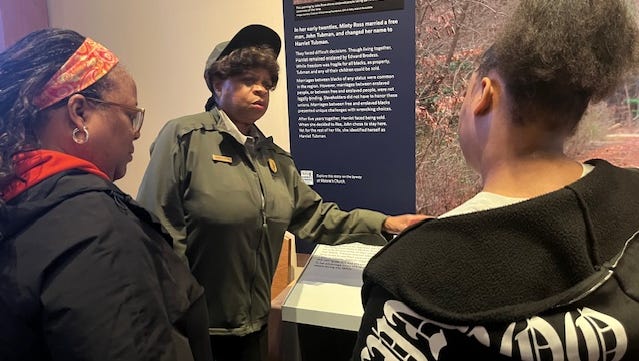 Deanna Mitchell, superintendent of the Harriet Tubman Underground Railroad National Historical Park, talked to visitors on April 16, 2025, at the Harriet Tubman Underground Railroad Visitor Center in Church Creek, Maryland.