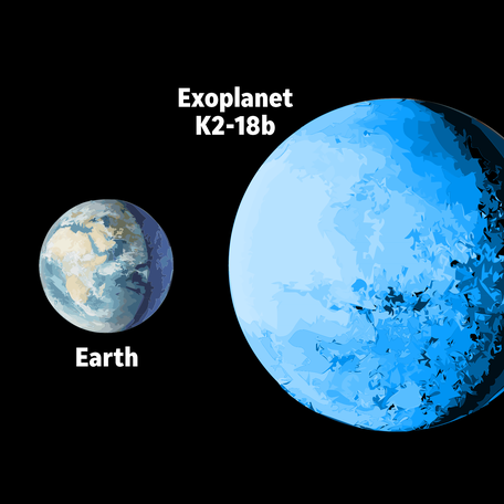 An artist's interpretation of the size of the exoplanet K2-18b in relation to Earth.