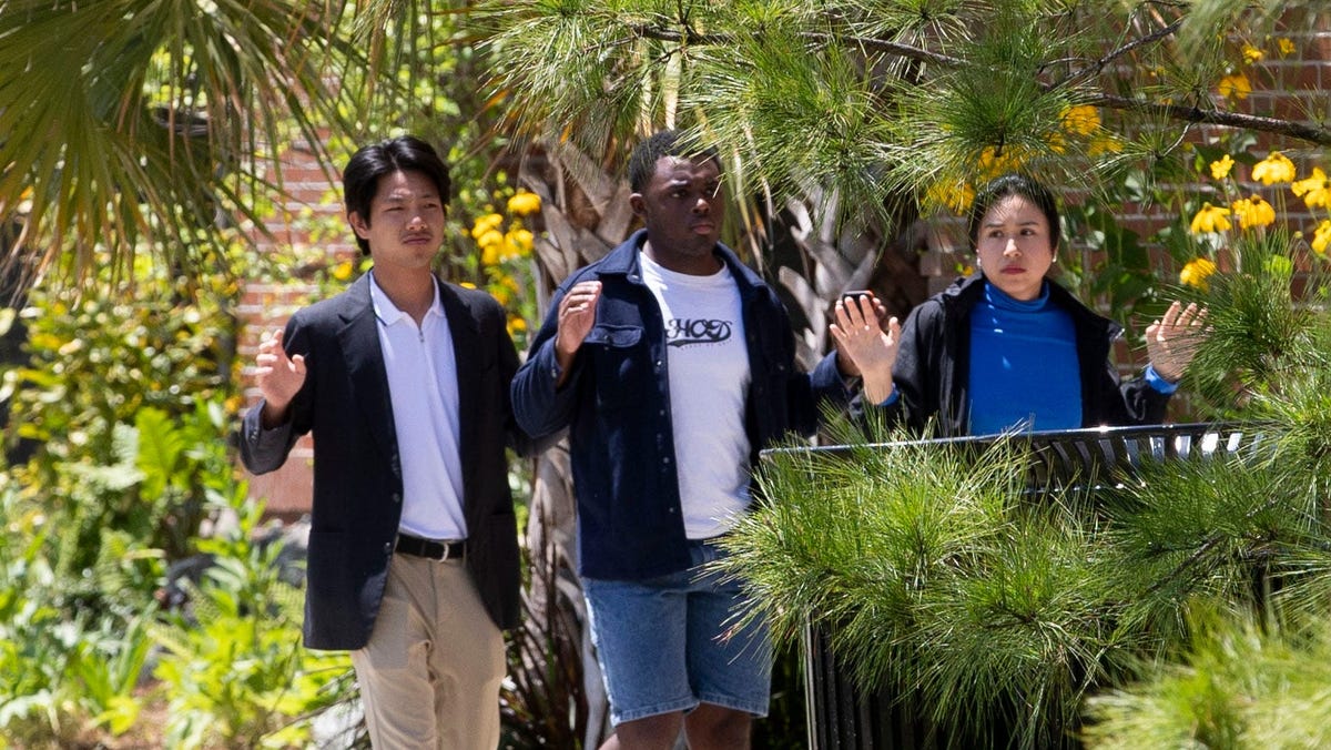 Students are escorted out of the FSU Student Union after a mass shooting occurred Thursday, April 17, 2025. At least people were six hurt in a shooting on the campus of Florida State University in Tallahassee, Fla.
