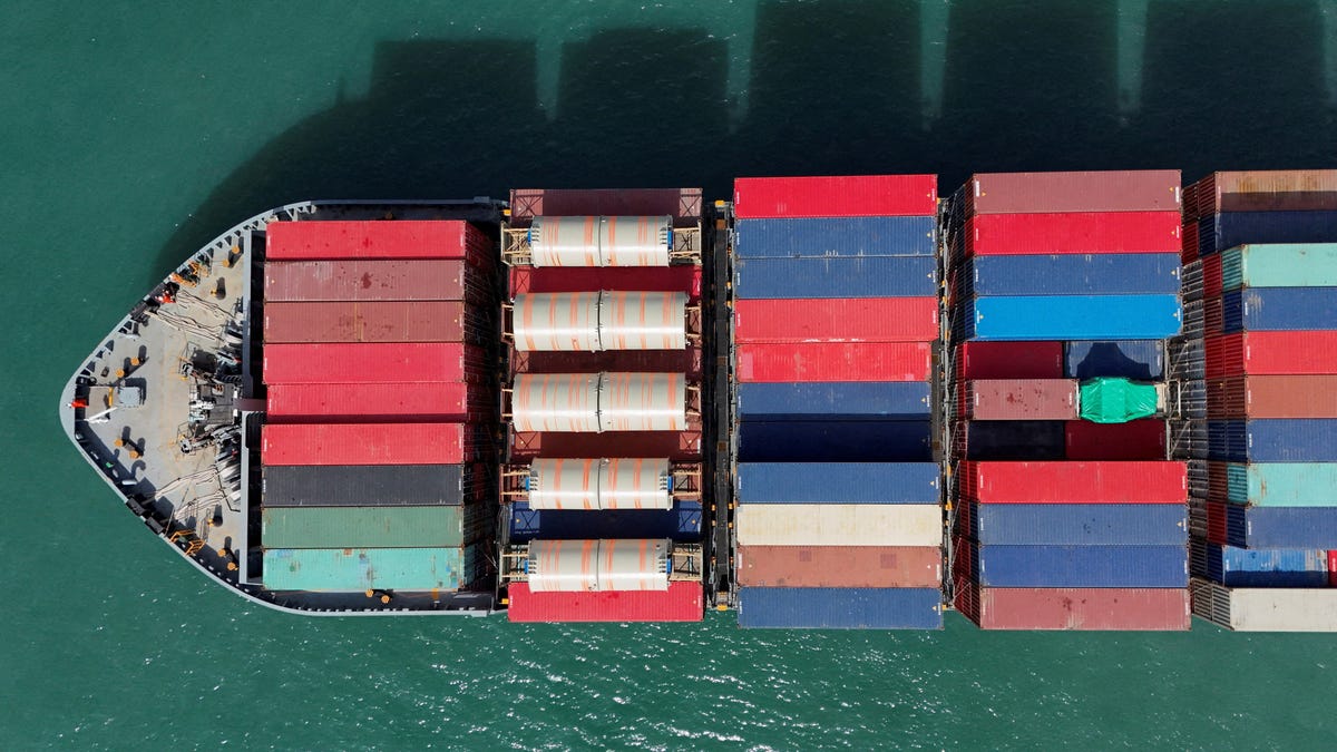 A drone view shows a cargo ship at Kwai Tsing Container Terminals in Hong Kong, China, April 16, 2025.