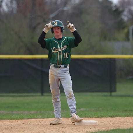 FDR's Brennan Paul celebrates hitting a double during their game versus Red Hook on April 21, 2025.