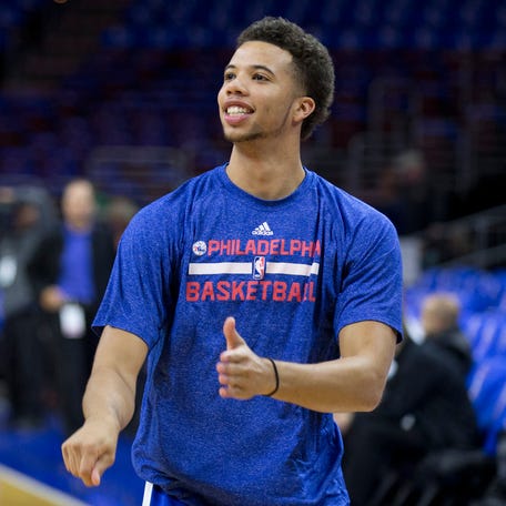 PHILADELPHIA, PA - NOVEMBER 1: Michael Carter-Williams #1 of the Philadelphia 76ers warms up prior to the game against the Miami Heat on November 1, 2014 at the Wells Fargo Center in Philadelphia, Pennsylvania. NOTE TO USER: User expressly acknowledges and agrees that, by downloading and or using this photograph, User is consenting to the terms and conditions of the Getty Images License Agreement (Photo by Mitchell Leff/Getty Images)