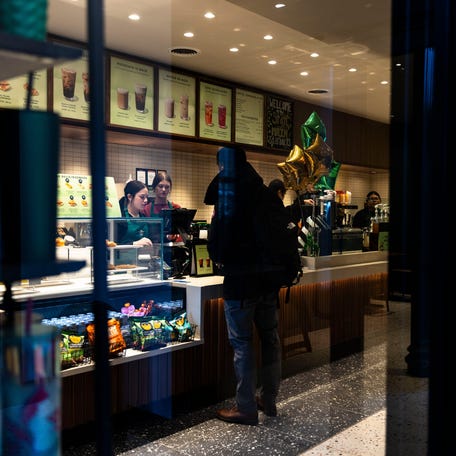 Starbucks employees' welcome customers at a new location in Rockford, Illinois on Jan. 21, 2025.