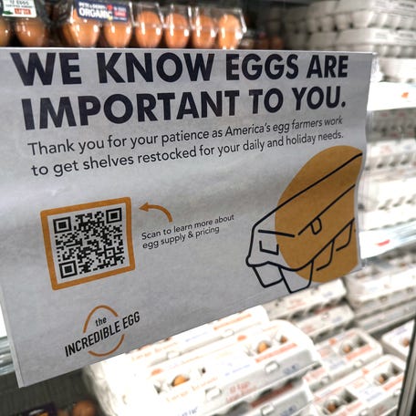 Signs like this have become common around the United States as stores struggle to keep eggs in stock following mass culling of chickens amidst the ongoing avian flu outbreak, which has helped drive egg prices up.