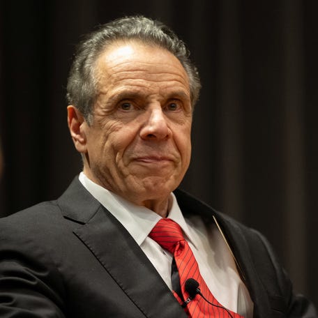 Mayoral candidate Andrew Cuomo sits on stage after protestors interrupted his speech during a Democratic mayoral forum at Medgar Evers College in New York City, U.S., April 23, 2025. REUTERS/David 'Dee' Delgado