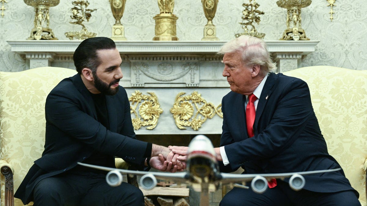 President Donald Trump meets with El Salvador's President Nayib Bukele in the Oval Office of the White House in Washington, DC, April 14, 2025. Trump on Monday hosted El Salvador's President Nayib Bukele, the self-described "world's coolest dictator" who is now the US leader's key ally in a controversial push to deport illegal migrants to a notorious Salvadoran prison. The meeting comes as the White House faces pressure over the case of a father who was mistakenly deported to the jail in the   Central American country -- whose return a US court has ordered the Trump administration to facilitate.