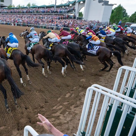 The field of horses rush out of the starting gate Saturday, May 4, 2024, during of the 150th running of the Kentucky Derby at Churchill Downs in Louisville, Kentucky.