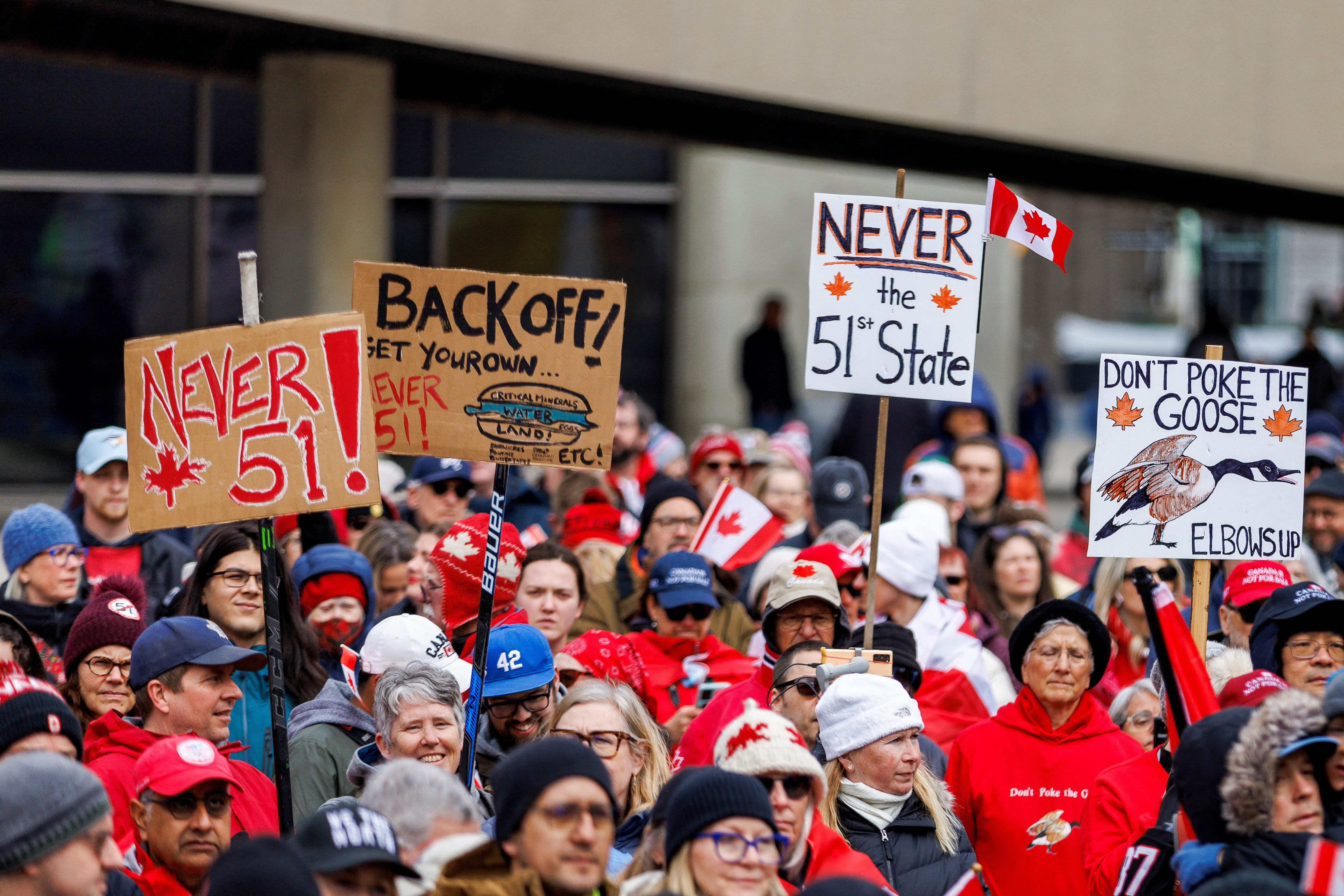 Canadians hold an "Elbows Up" protest against U.S. tariffs and other policies by U.S. President Donald Trump, at Nathan Phillips Square in Toronto, Ontario, Canada March 22, 2025.