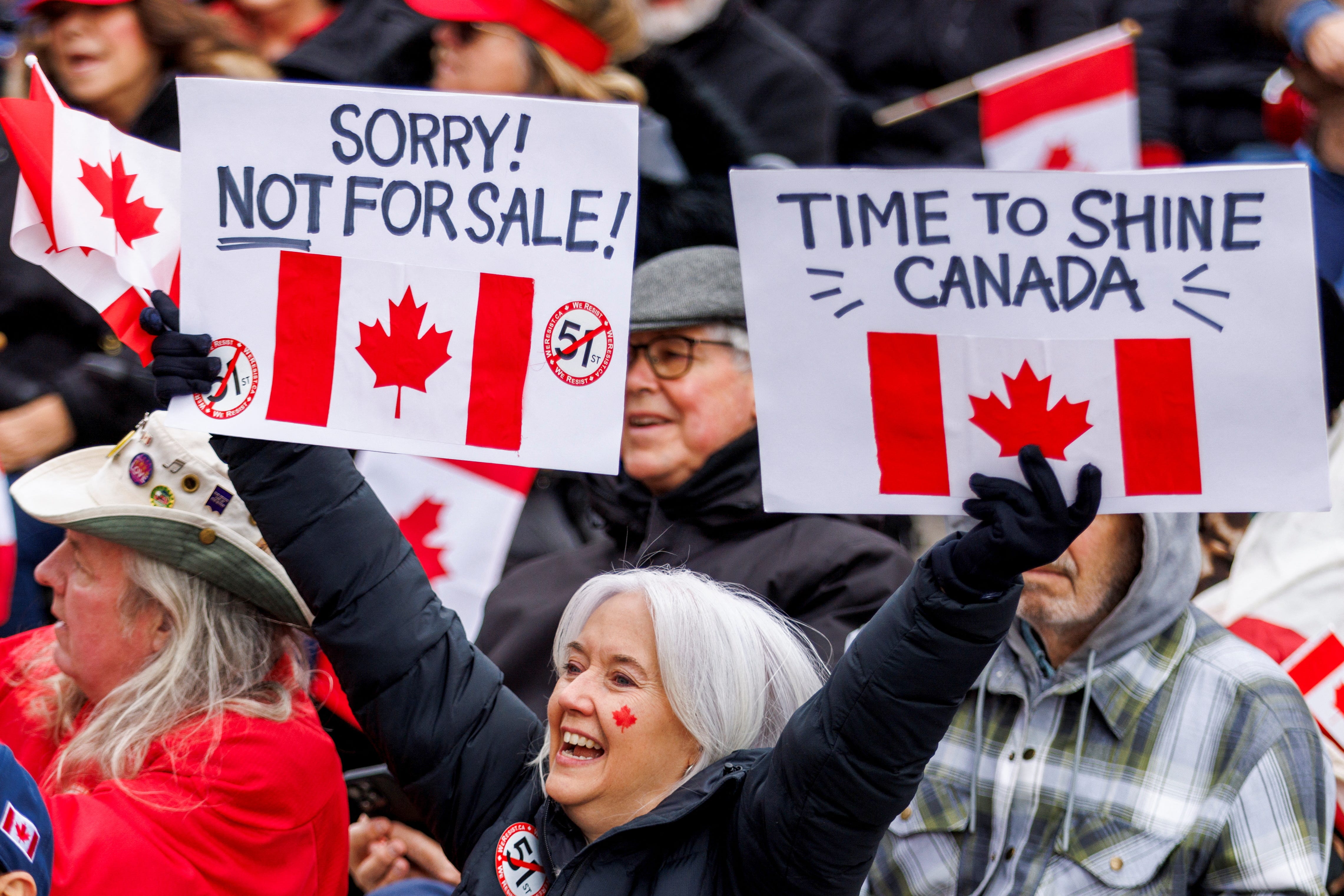 Canadians hold an "Elbows Up" protest against U.S. tariffs and other policies by U.S. President Donald Trump, at Nathan Phillips Square in Toronto, Ontario, Canada March 22, 2025.