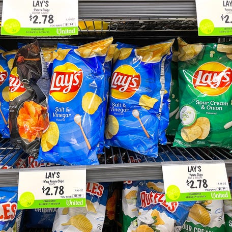 Bags of Lay's potato chips are displayed on a shelf at a grocery store on Feb. 10, 2023 in San Rafael, California.