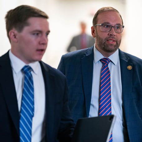 Rep. Jason Smith (R-MO) departs a House Republican Conference Meeting at the U.S. Capitol on February 11, 2025 in Washington, DC.