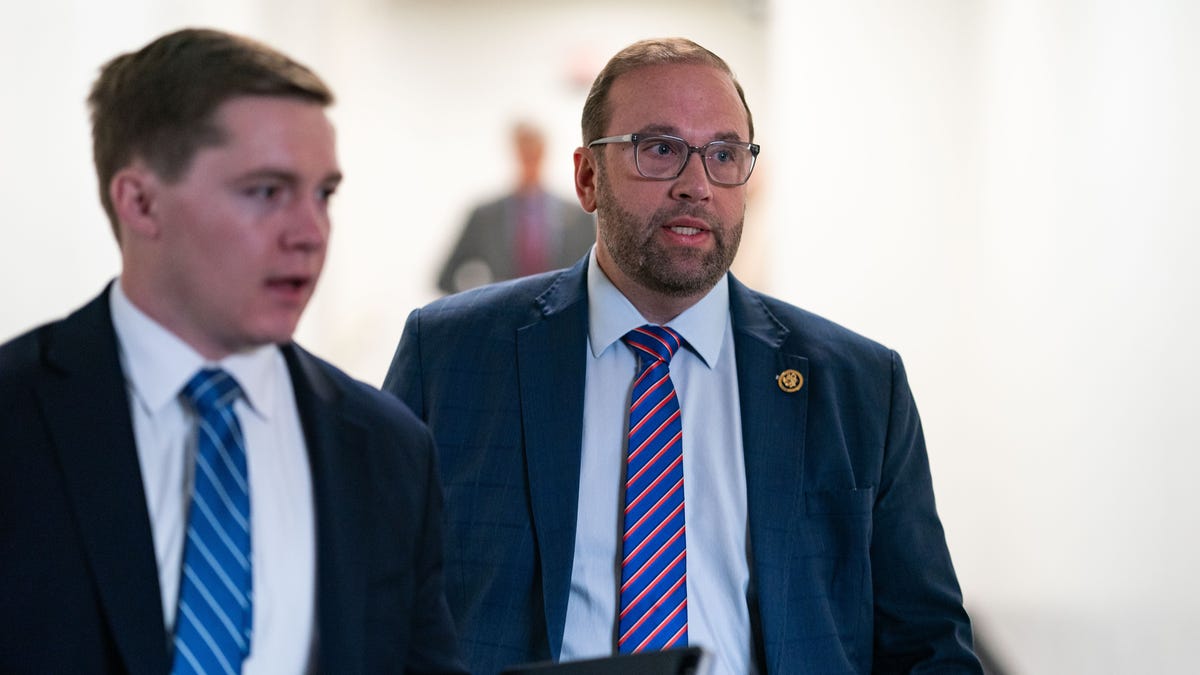 Rep. Jason Smith (R-MO) departs a House Republican Conference Meeting at the U.S. Capitol on February 11, 2025 in Washington, DC.
