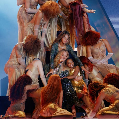 Beyoncé with daughters Blue Ivy and Rumi Carter at the April 28 kickoff of her "Cowboy Carter" tour at SoFi Stadium just outside L.A.
