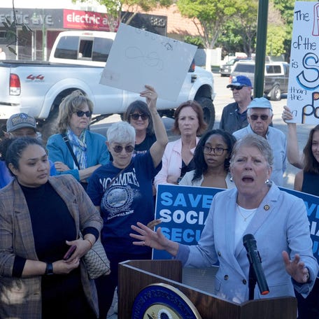 U.S. Rep. Julia Brownley said staffing cuts to Social Security are making it more difficult for seniors to access benefits. She spoke in front of a Social Security Administration office in Thousand Oaks on Monday, April 21, 2025.