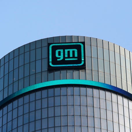 The new GM logo is seen on the facade of the General Motors headquarters in Detroit, Michigan, U.S., March 16, 2021.