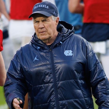 North Carolina coach Bill Belichick watches his team during the school's "Practice Like A Pro" Spring Football Event at Kenan Stadium on April 12, 2025 in Chapel Hill.