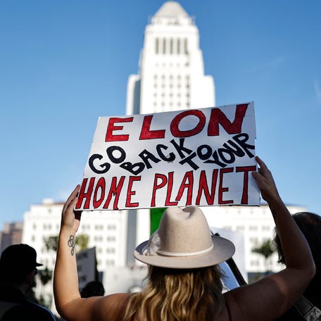 Protest against the Trump administration and Elon Musk on April 5, 2025, in Los Angeles.