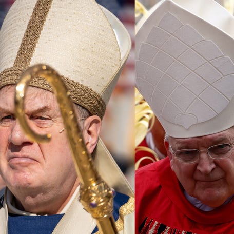 Cardinal Joseph W. Tobin, left, exits the Cathedral Basilica of the Scared Heart in Newark on Nov. 7, 2024. Cardinal Raymond Leo Burke holds a palm branch during the Palm Sunday Mass in Saint Peter's Square at the Vatican, April 13, 2025.