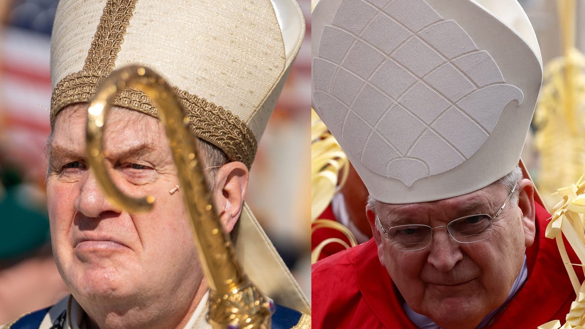 Cardinal Joseph W. Tobin, left, exits the Cathedral Basilica of the Scared Heart in Newark on Nov. 7, 2024. Cardinal Raymond Leo Burke holds a palm branch during the Palm Sunday Mass in Saint Peter's Square at the Vatican, April 13, 2025.