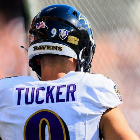 A general view of the helmet of Baltimore Ravens kicker Justin Tucker (9) as he prepares on the sidelines in the second half against the Cincinnati Bengals at Paycor Stadium.