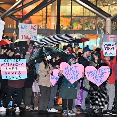 Supporters of transgender youth demonstrate outside Children's Hospital Los Angeles on Feb. 6, 2025.
