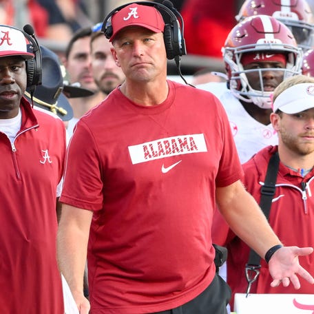 Alabama coach Kalen DeBoer gestures on the sidelines during his team's 2024 game against Vanderbilt at FirstBank Stadium.
