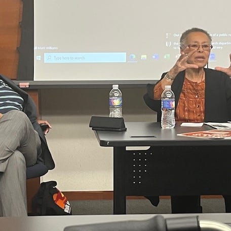 Judy Richardson and Courtland Cox, veterans of the Student Nonviolent Coordinating Committee, spoke at a panel on civil rights April 30, 2025 hosted by the Journal-isms Roundtable and held at George Washington University.