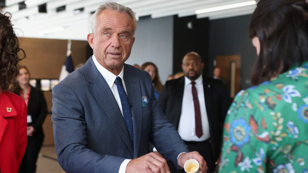 U.S. Health Secretary Robert F. Kennedy Jr. assists in making hummus during a demonstration as he visits the Osher Center for Integrative Health at the University of Utah in Salt Lake City, Utah, U.S. April 7, 2025.
