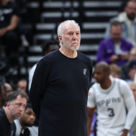Oct 31, 2024; Salt Lake City, Utah, USA; San Antonio Spurs head coach Gregg Popovich watches play against the Utah Jazz during the second quarter at Delta Center. Mandatory Credit: Rob Gray-Imagn Images