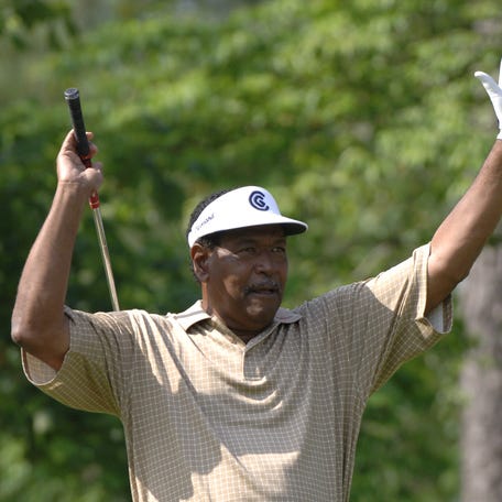 Jim Dent celebrates a shot from the fourth tee during the Regions Charity Classic Charter Communications Pro-Am at Robert Trent Jones Golf Trail at Ross Bridge in Birmingham Alabama on May 3, 2006.