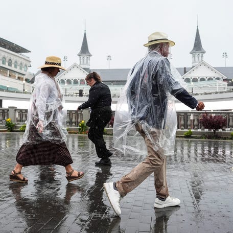 Rain falls on Churchill Downs before the Kentucky Derby in Louisville, Kentucky on May 3, 2025.